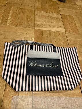 Victoria's Secret Black and Light Pink Striped Tote with Front Logo Pocket